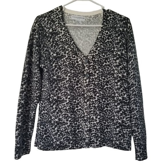 Sag Harbor Women's Sweater Size Petite PS Animal Print Cardigan Button Up - Picture 1 of 8